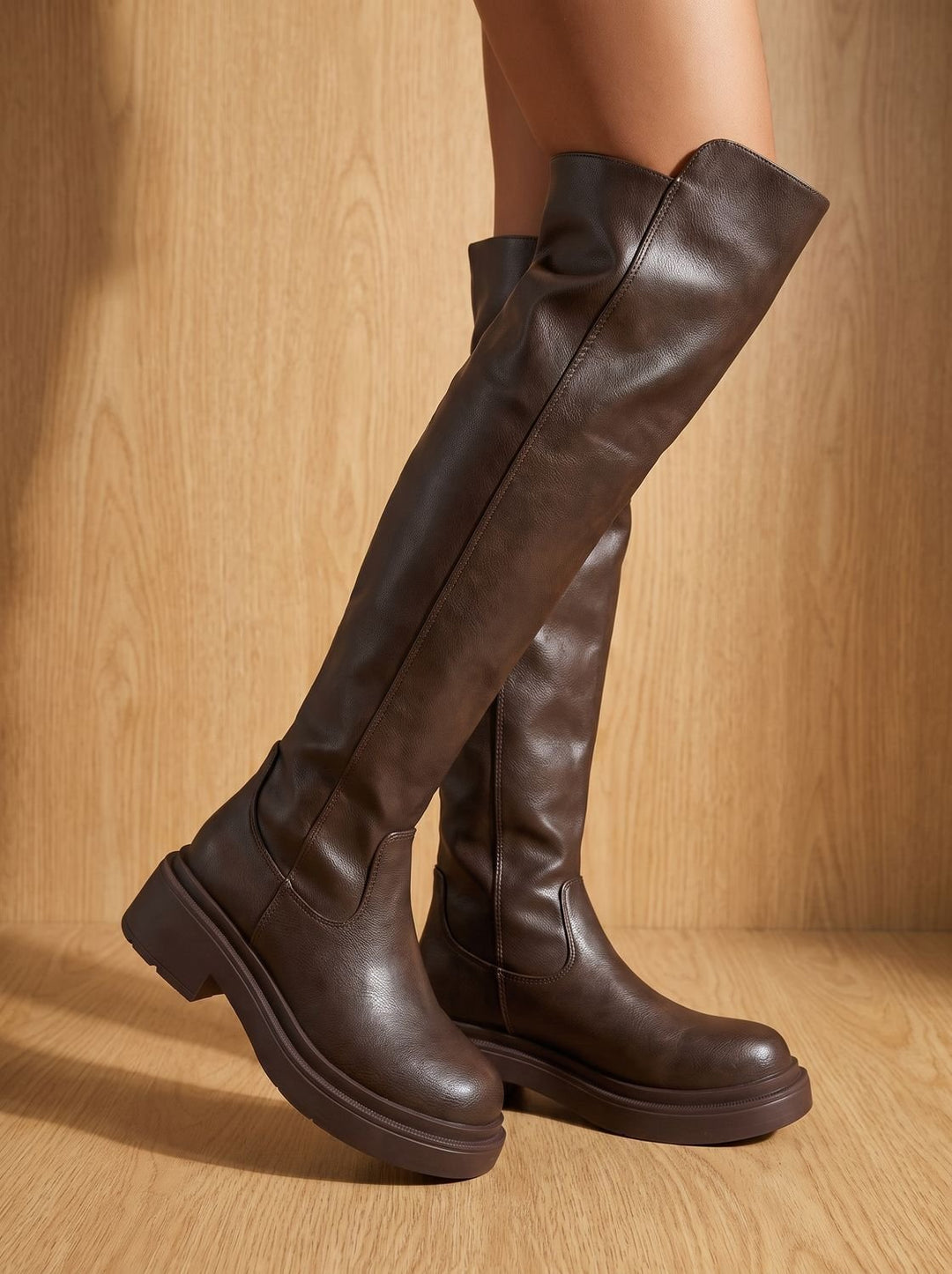 Women's Flat Over-the-Knee Side-Zip Stretch-Back Boots - Brown