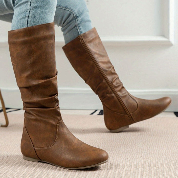 Women's Flat Slouched Mid-Calf Side-Zip Boots - Light Brown