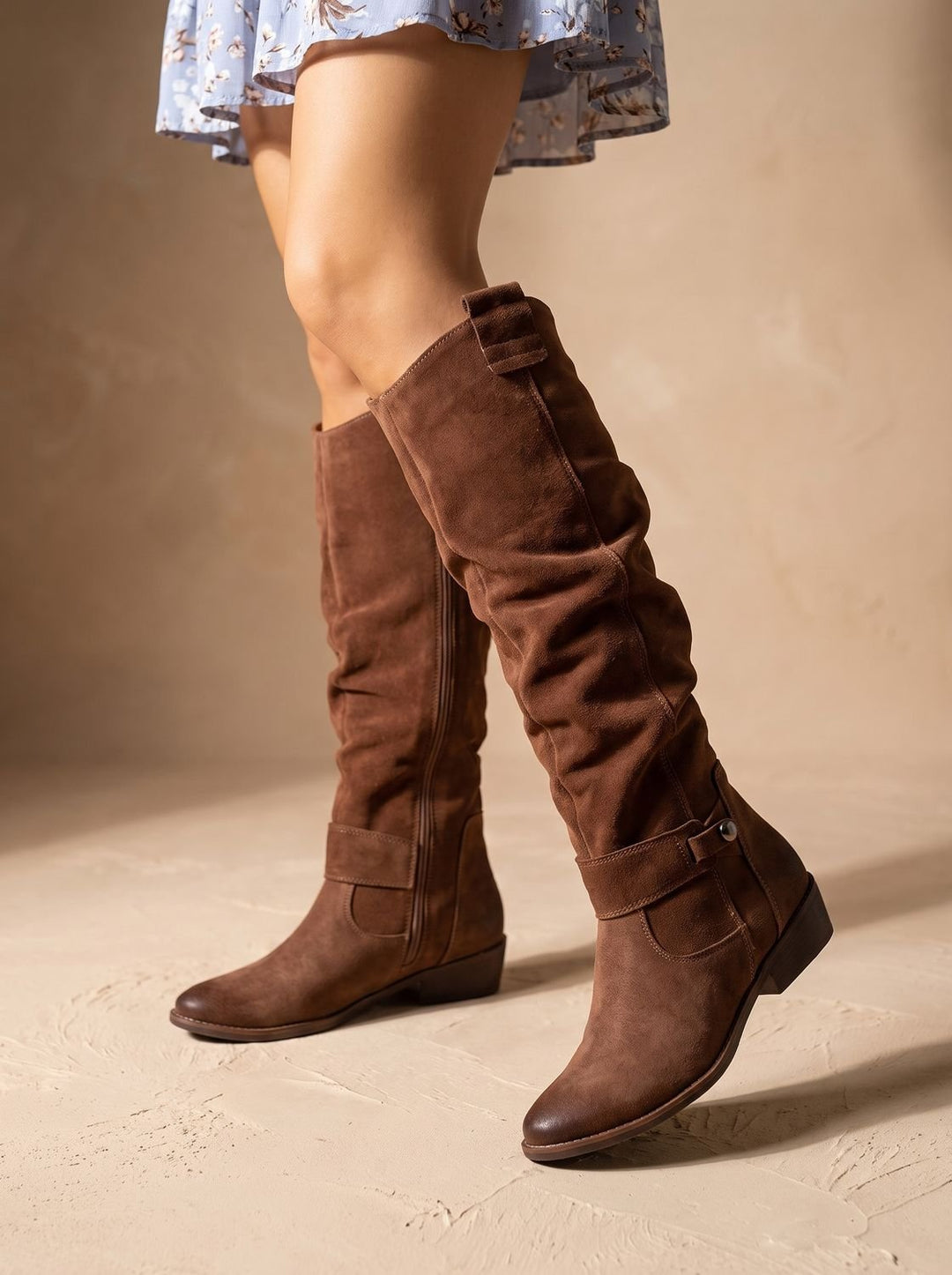 Women's Flat Slouchy Knee High Boots Side Zip Suede - Brown