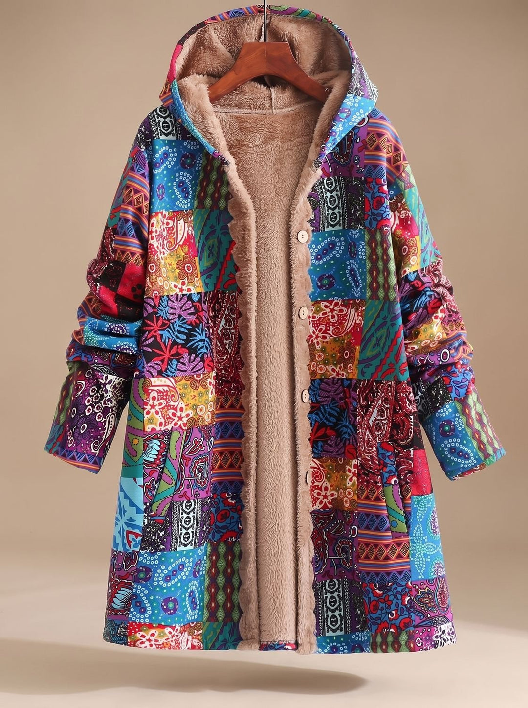 Women's Fleece-Lined Hooded Boho Patchwork Comfortable Jacket - Blue
