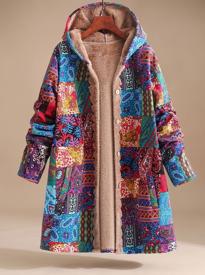 Women's Fleece-Lined Hooded Boho Patchwork Comfortable Jacket - Blue