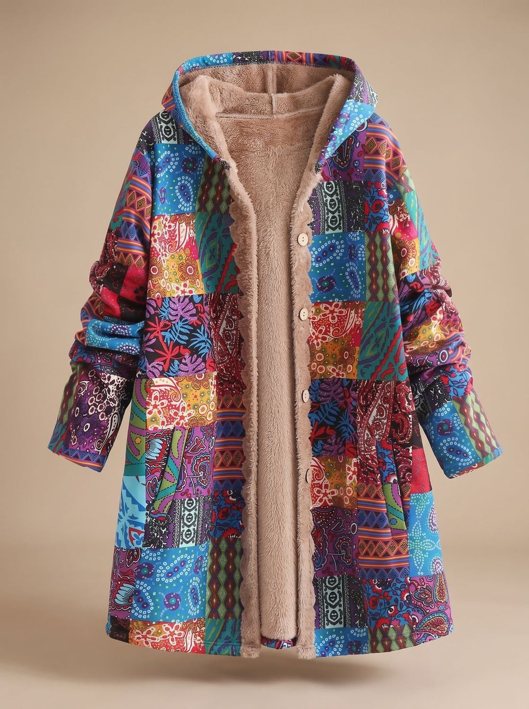 Women's Fleece-Lined Hooded Boho Patchwork Comfortable Jacket