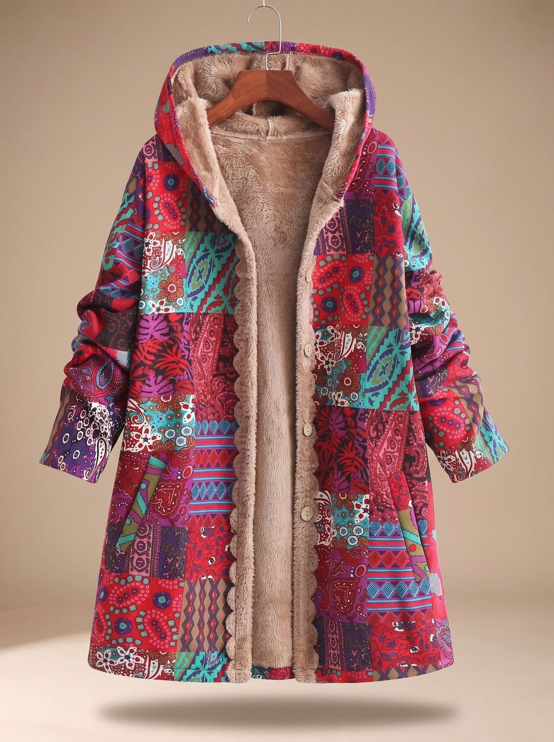 Women's Fleece-Lined Hooded Boho Patchwork Comfortable Jacket