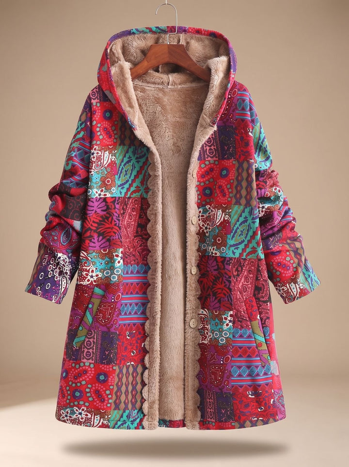 Women's Fleece-Lined Hooded Boho Patchwork Comfortable Jacket