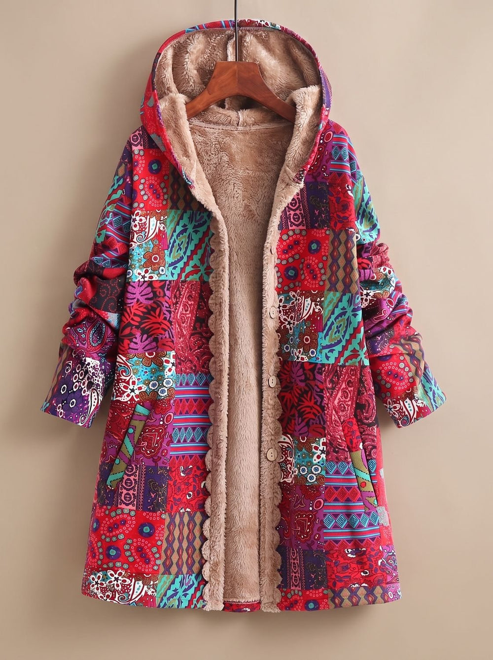 Women's Fleece-Lined Hooded Boho Patchwork Comfortable Jacket - Red