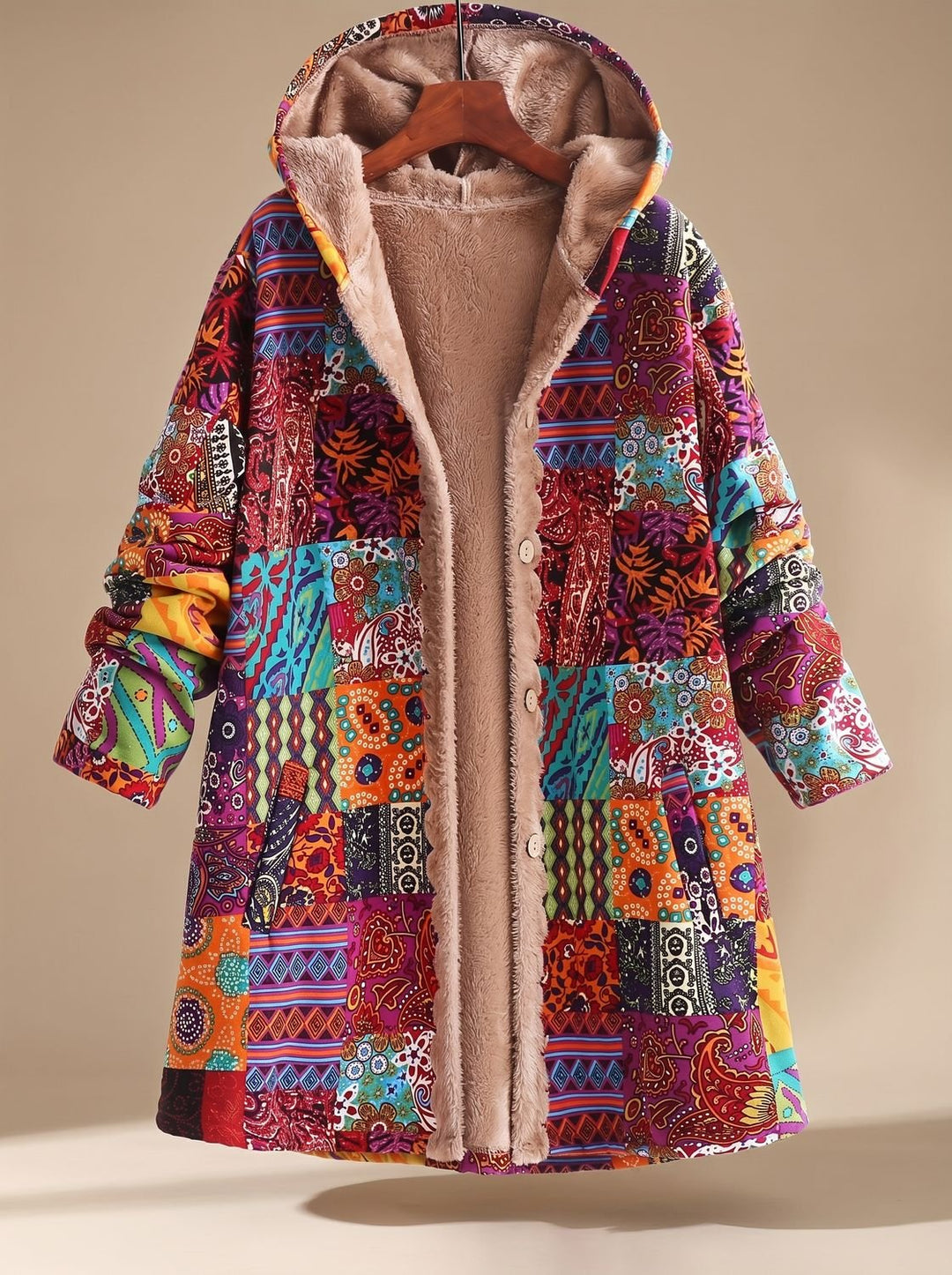 Women's Fleece-Lined Hooded Boho Patchwork Comfortable Jacket - Ginger