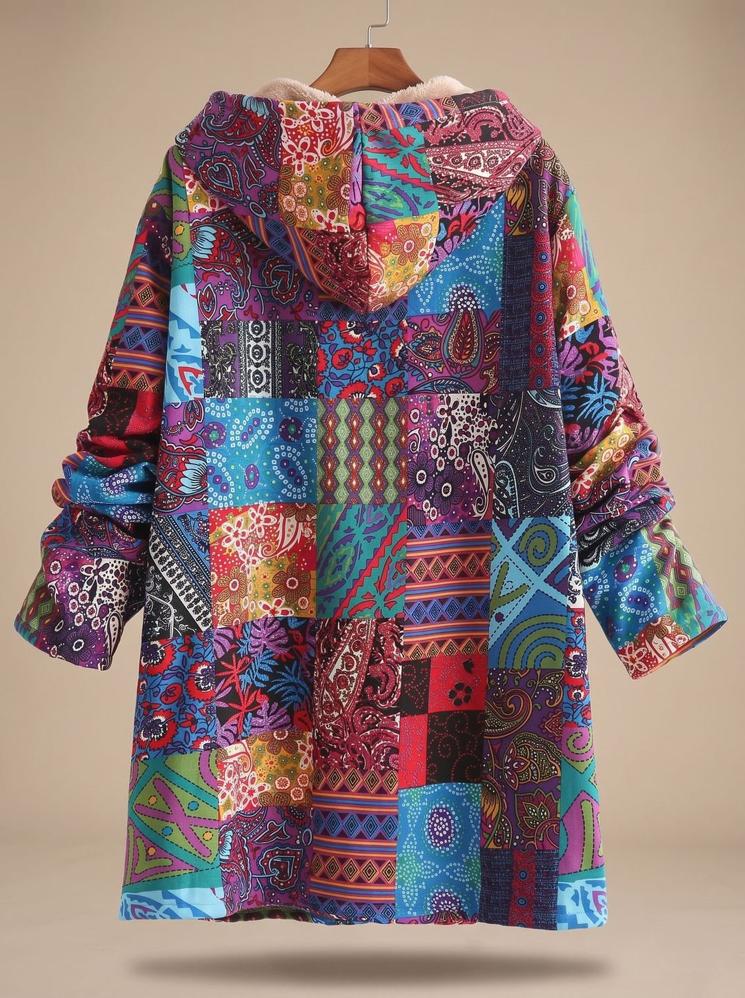 Women's Fleece-Lined Hooded Boho Patchwork Comfortable Jacket