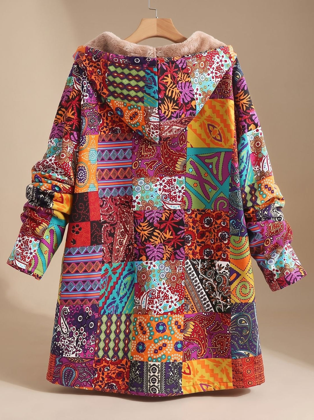 Women's Fleece-Lined Hooded Boho Patchwork Comfortable Jacket