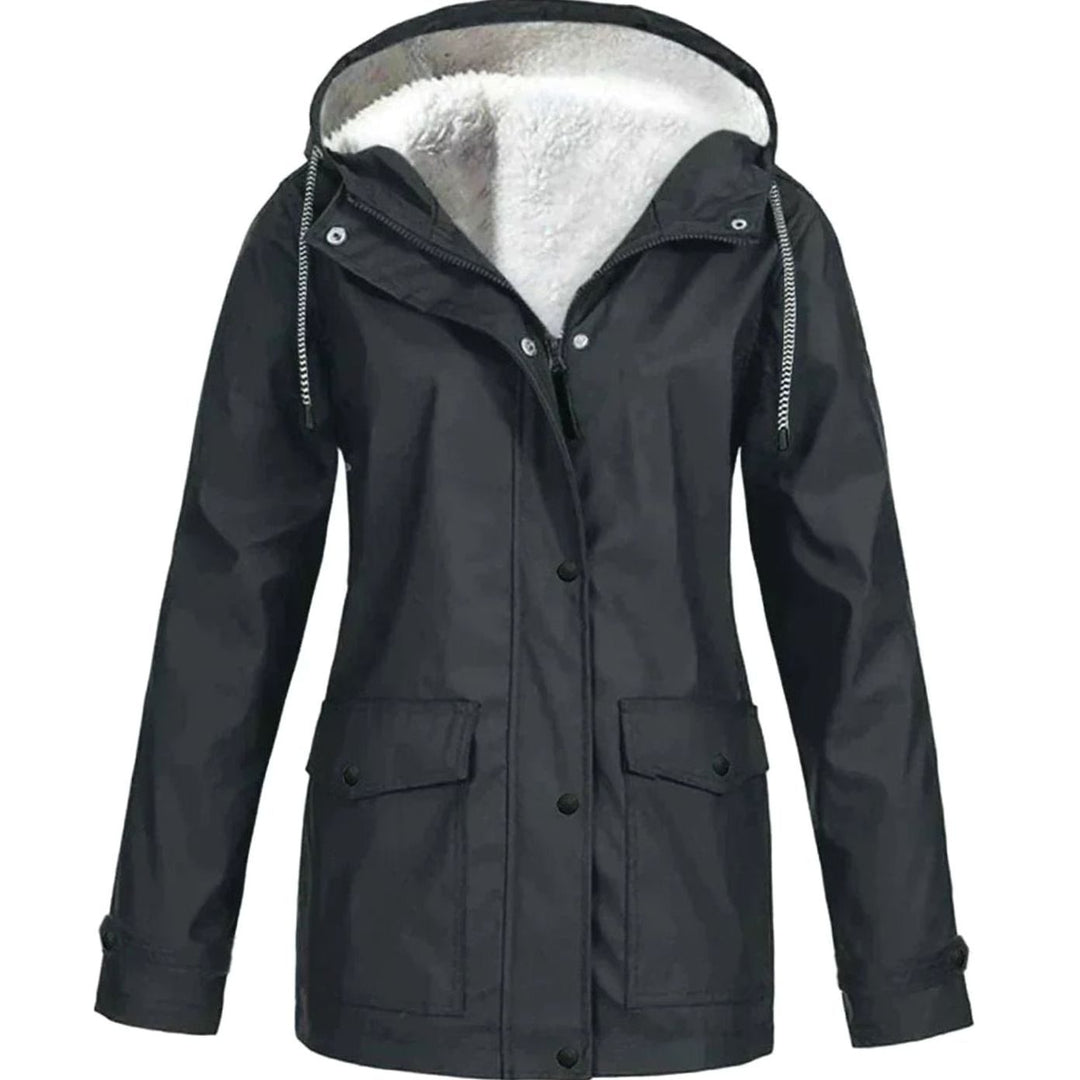Women's Fleece-Lined Hooded Windproof Parka Jacket - Black