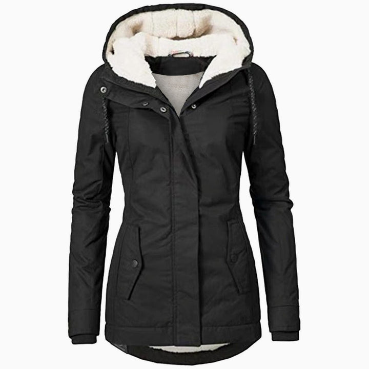 Women's Fleece-Lined Hooded Zip-Up Winter Parka Jacket - Black