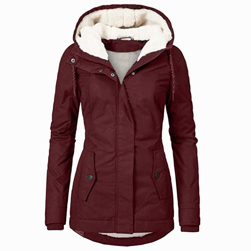 Women's Fleece-Lined Hooded Zip-Up Winter Parka Jacket - Burgundy