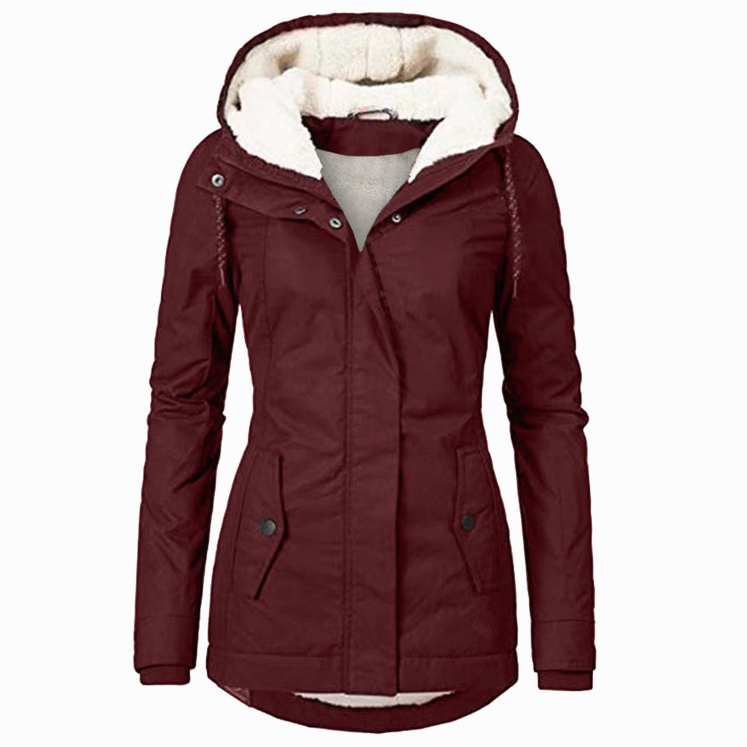 Women's Fleece-Lined Hooded Zip-Up Winter Parka Jacket - Burgundy