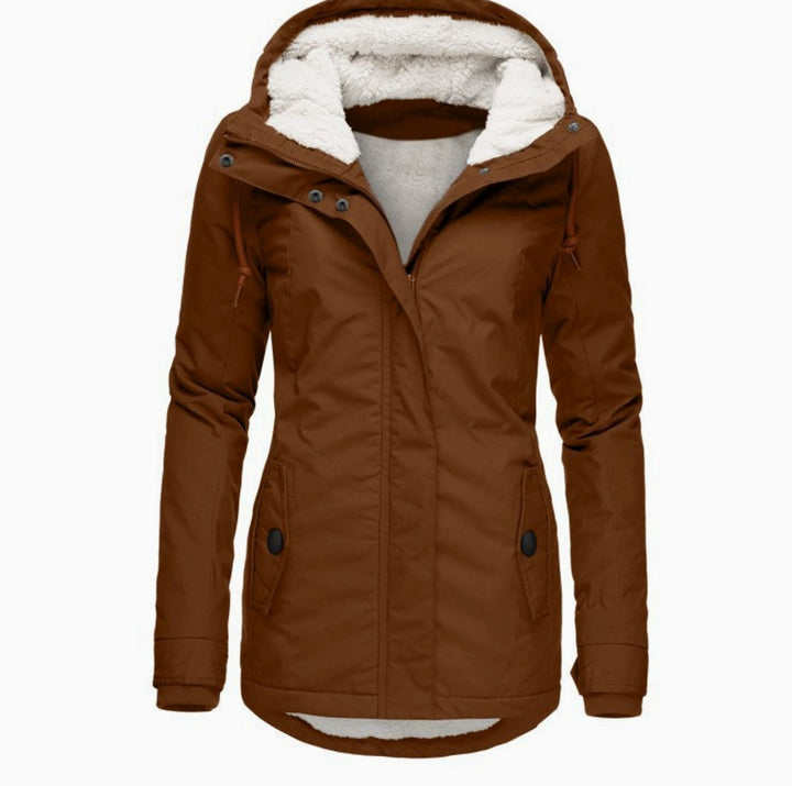 Women's Fleece-Lined Hooded Zip-Up Winter Parka Jacket - Brown
