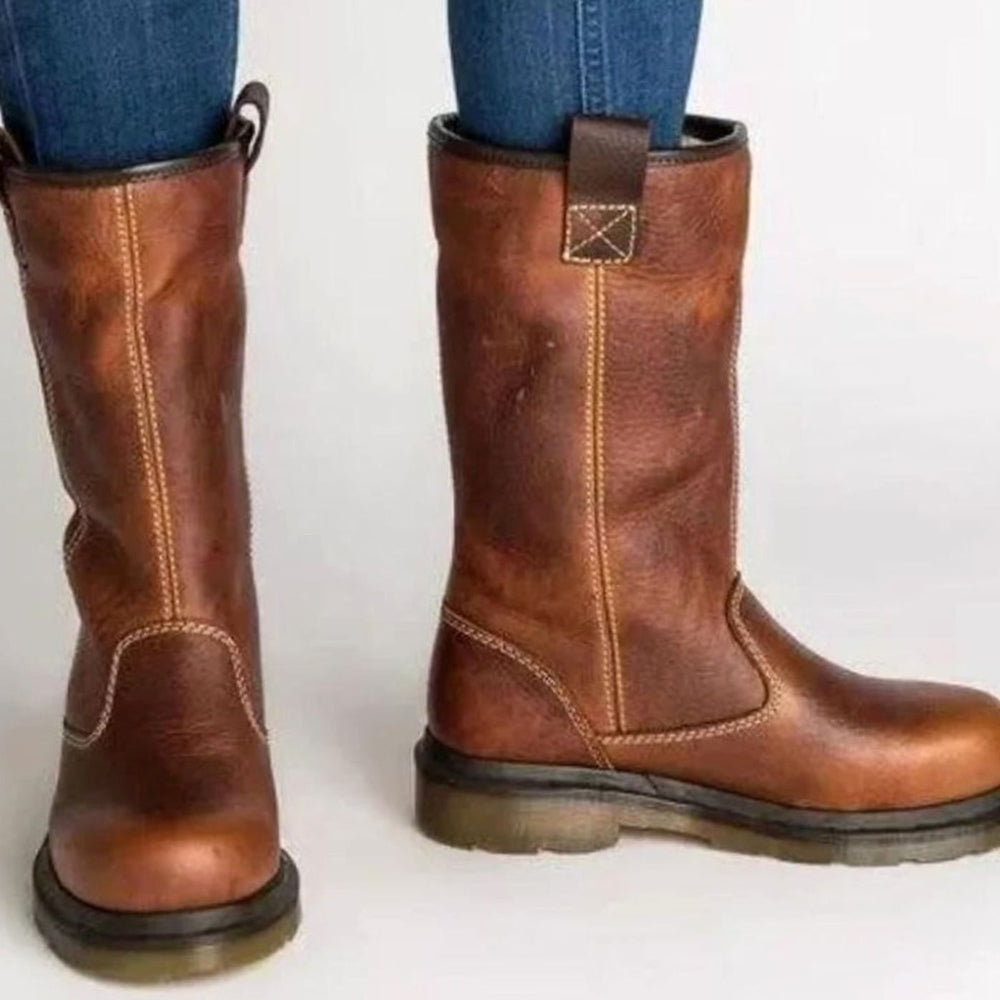Women's Fleece-Lined Leather Mid-Calf Winter Boots - Brown