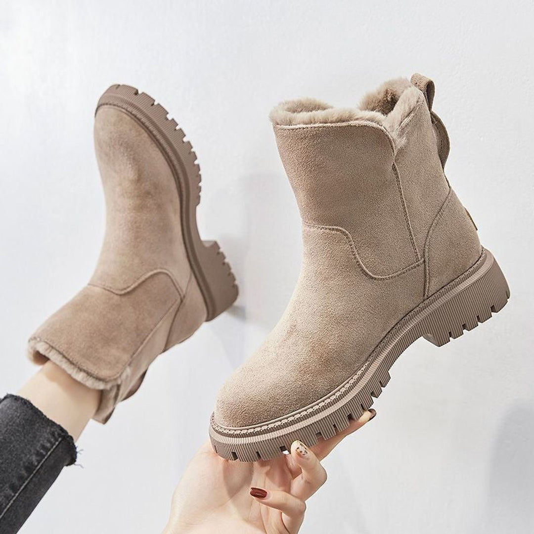 Women's Fleece-Lined Suede Slip-On Winter Ankle Boots - Beige