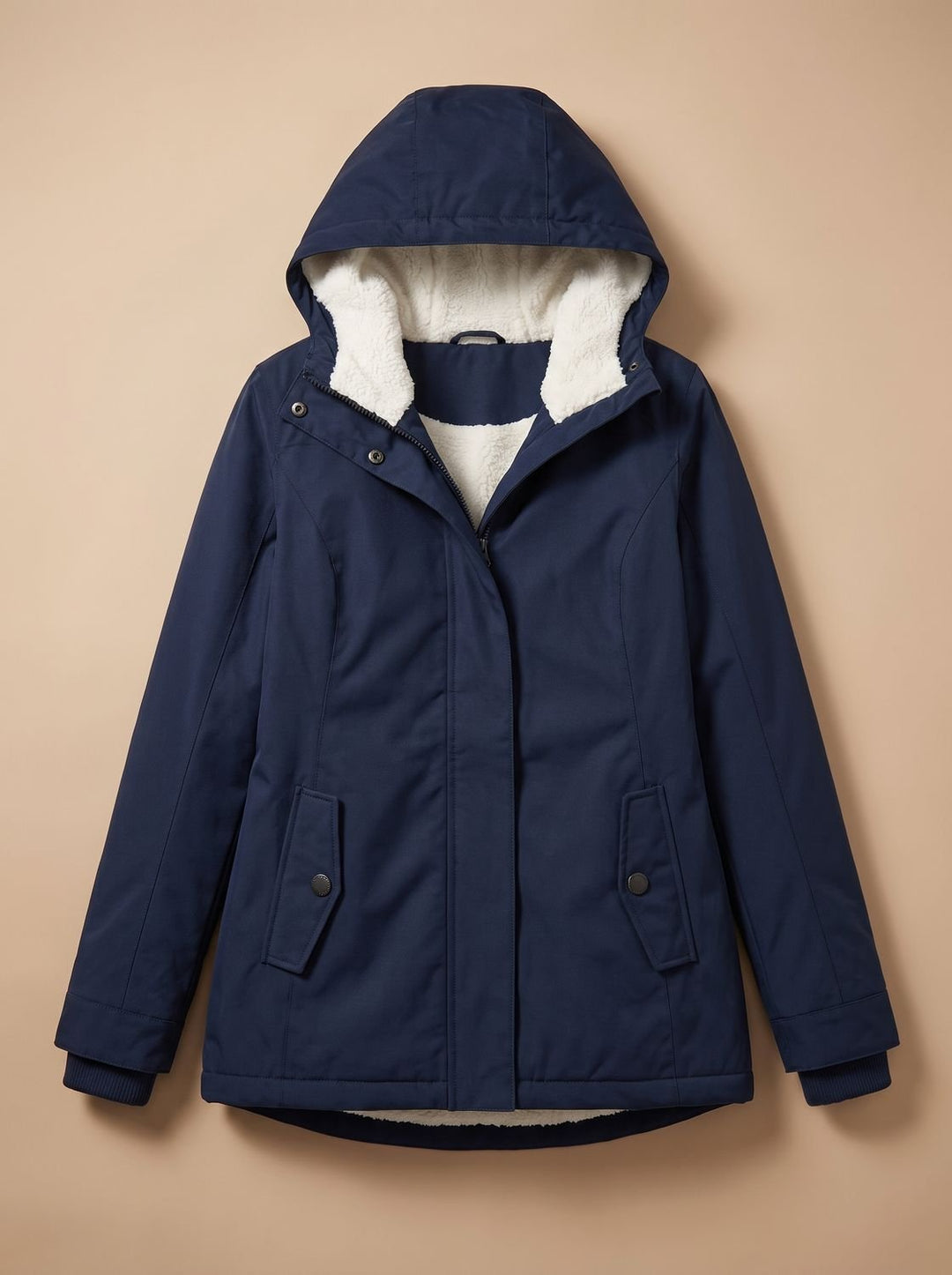 Women's Fleece-Lined Waterproof Hooded Zip-Up Jacket - Navy Blue