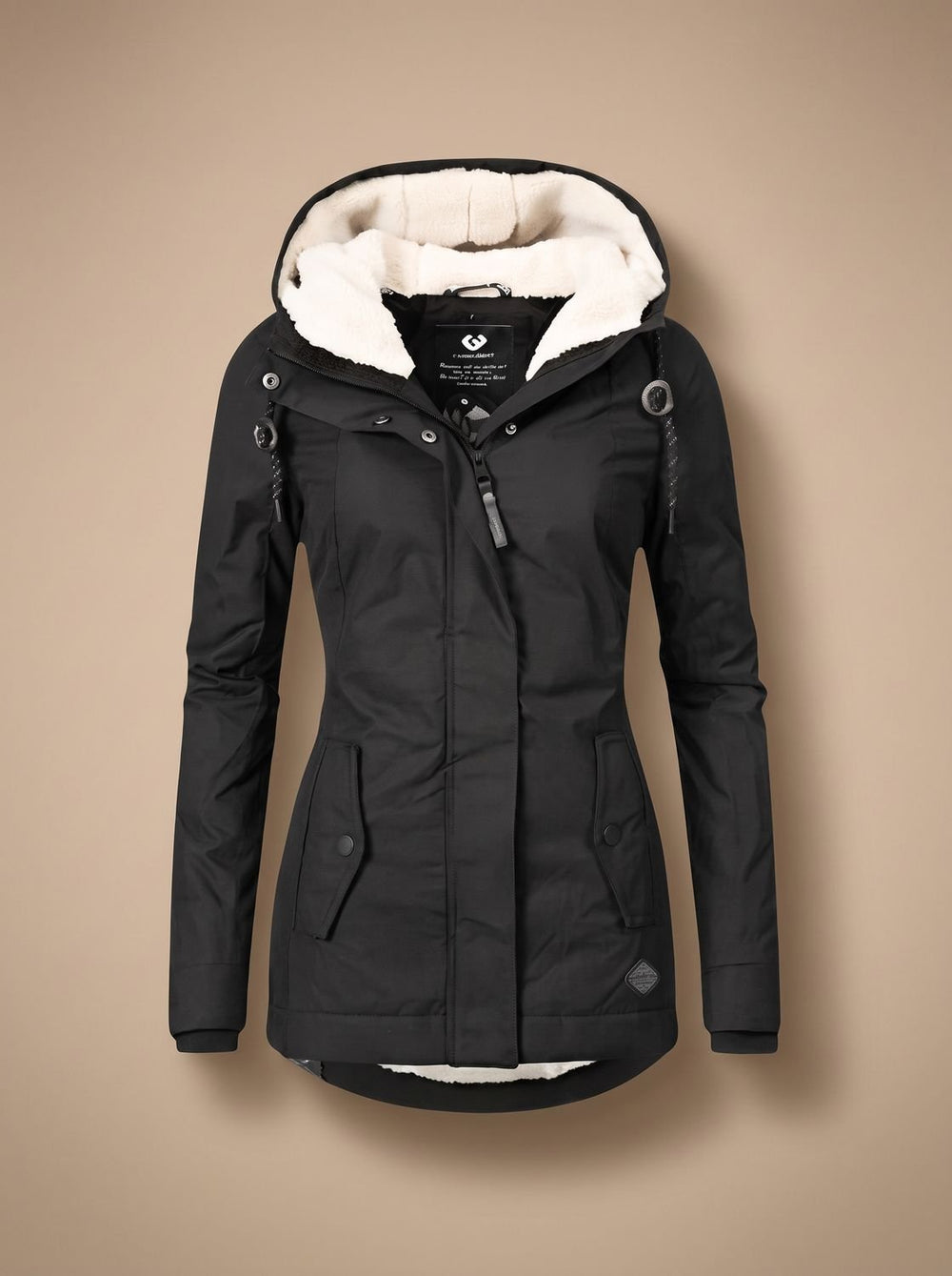 Women's Fleece-Lined Waterproof Hooded Zip-Up Jacket - Black