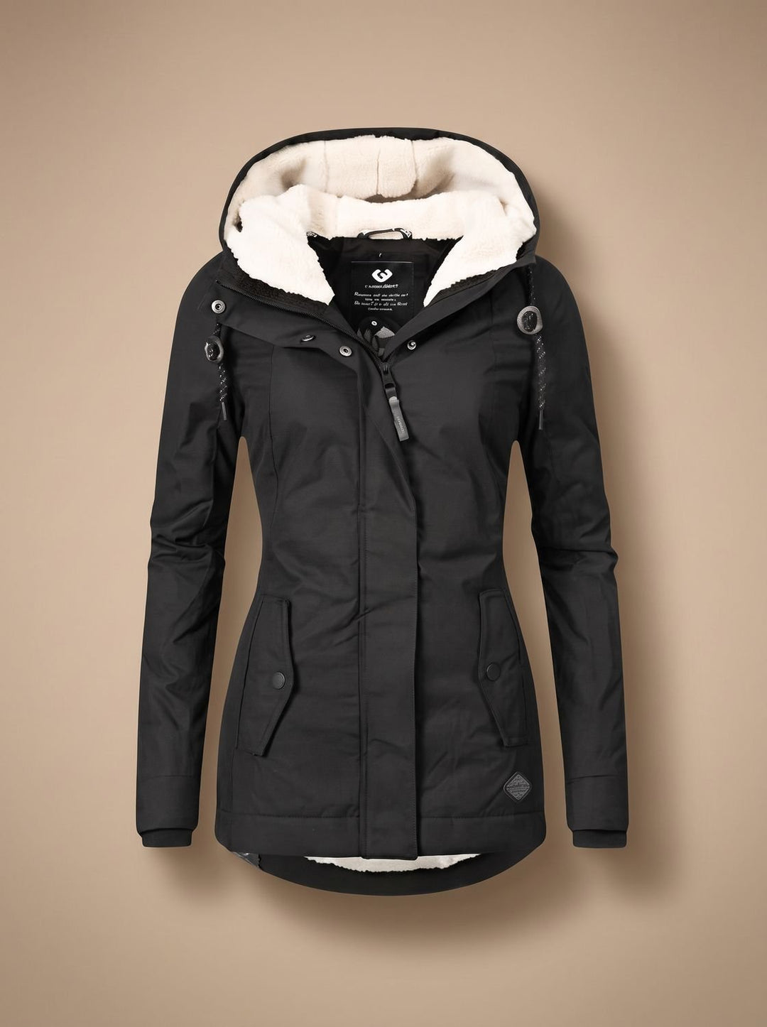 Women's Fleece-Lined Waterproof Hooded Zip-Up Jacket - Black