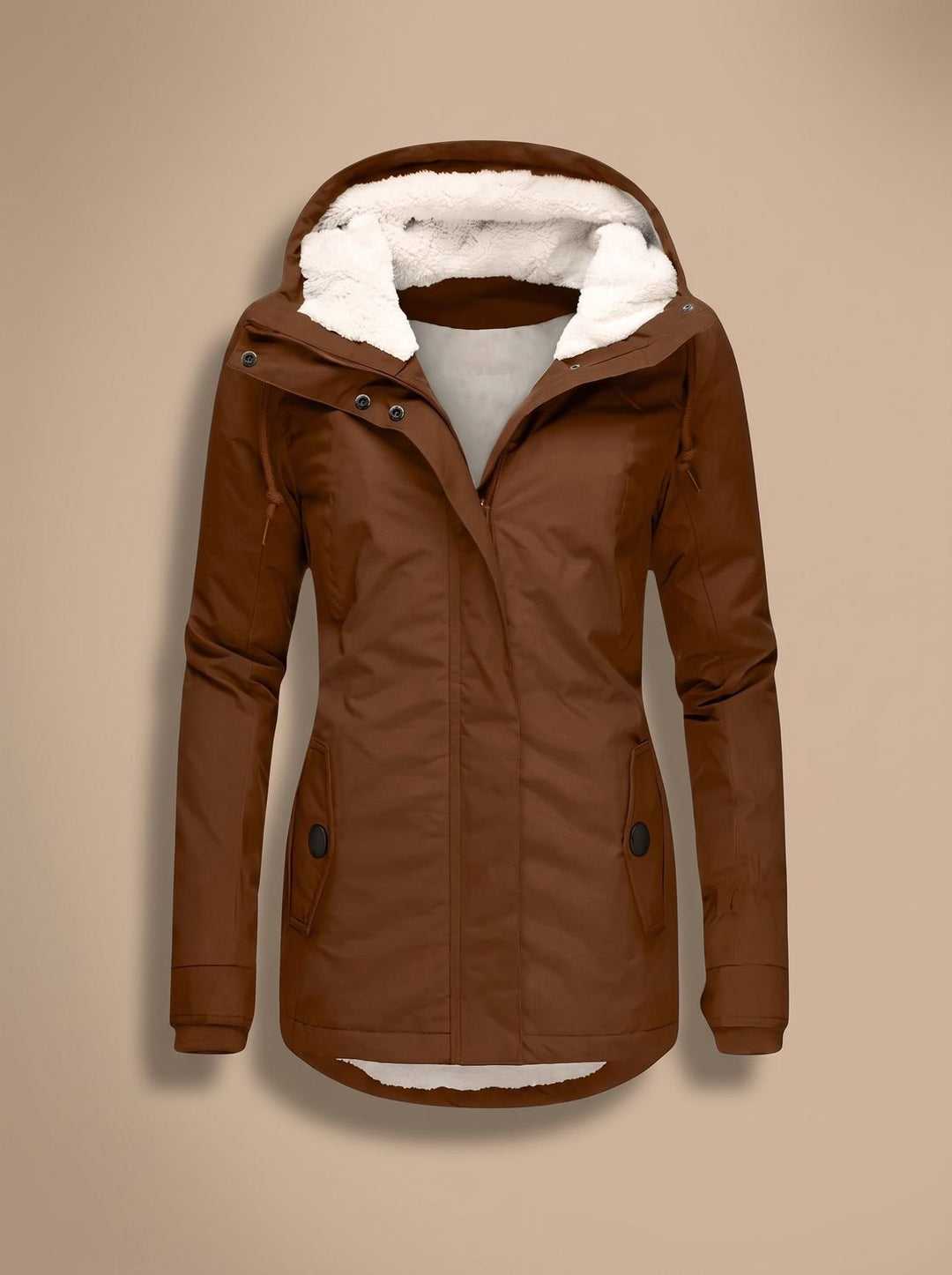 Women's Fleece-Lined Waterproof Hooded Zip-Up Jacket - Brown