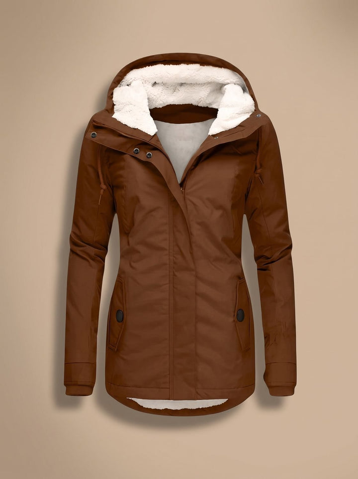 Women's Fleece-Lined Waterproof Hooded Zip-Up Jacket - Brown