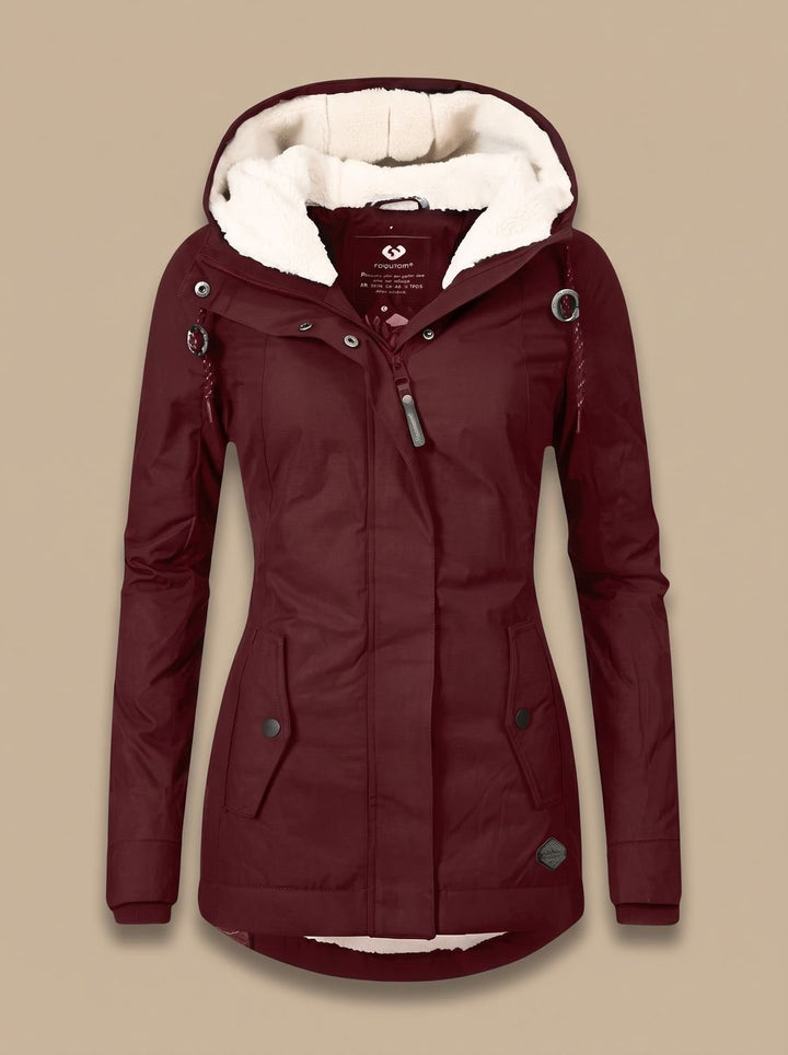 Women's Fleece-Lined Waterproof Hooded Zip-Up Jacket - Red