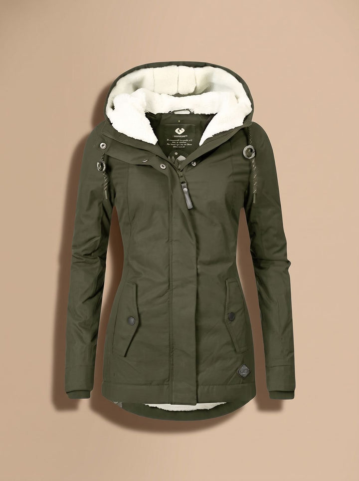 Women's Fleece-Lined Waterproof Hooded Zip-Up Jacket - Green