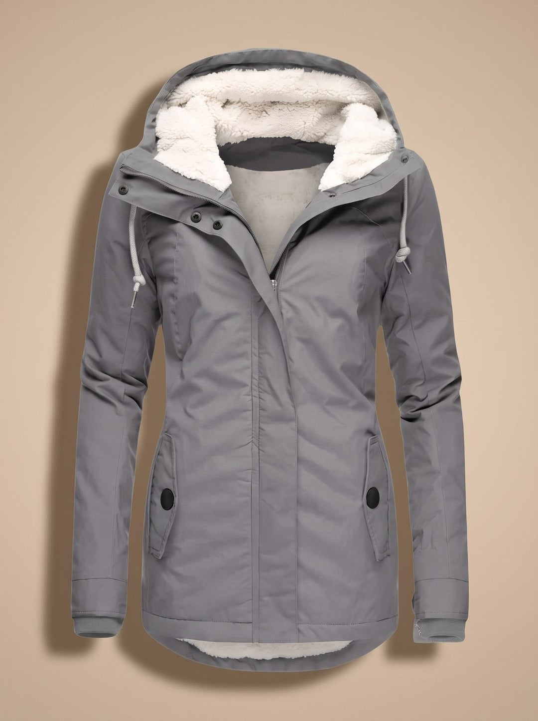 Women's Fleece-Lined Waterproof Hooded Zip-Up Jacket - Grey