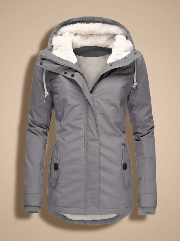 Women's Fleece-Lined Waterproof Hooded Zip-Up Jacket - Grey