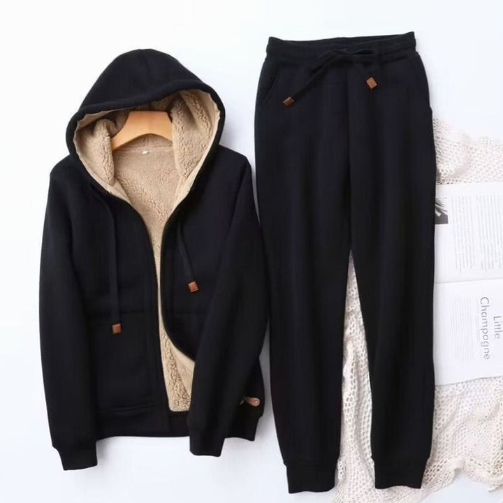 Women's Fleece-Lined Winter Hoodie Jogger Set Sherpa - Black