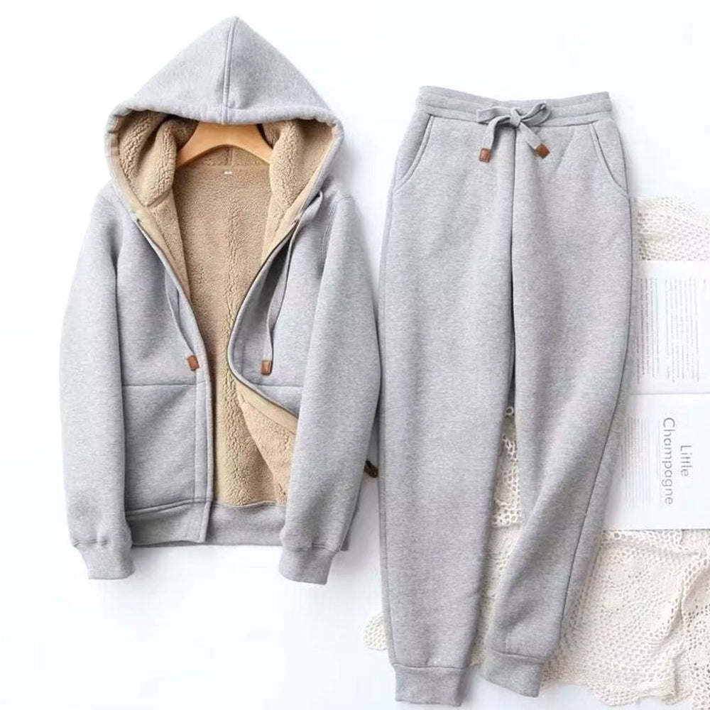 Women's Fleece-Lined Winter Hoodie Jogger Set Sherpa - Gray