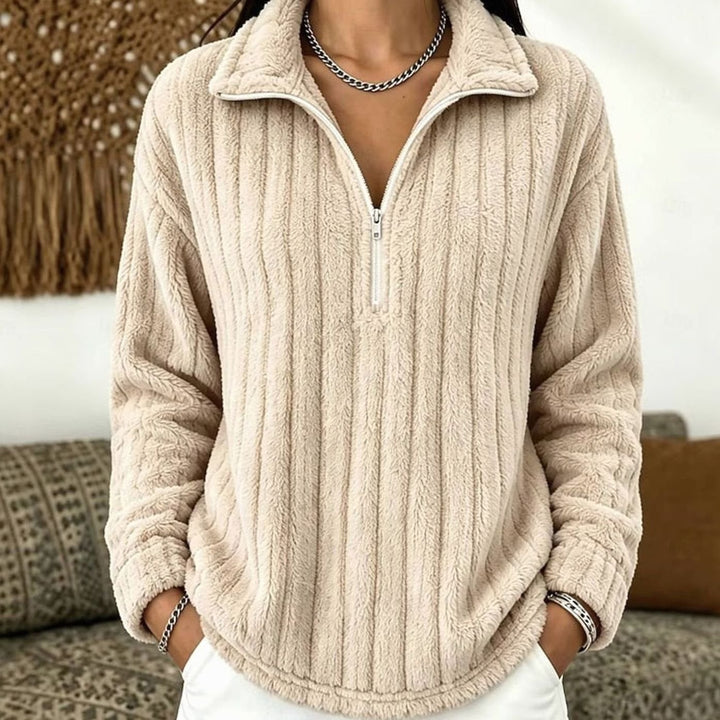 Women's Fleece Quarter-Zip Pullover Sweater Ribbed Plush Top - Apricot