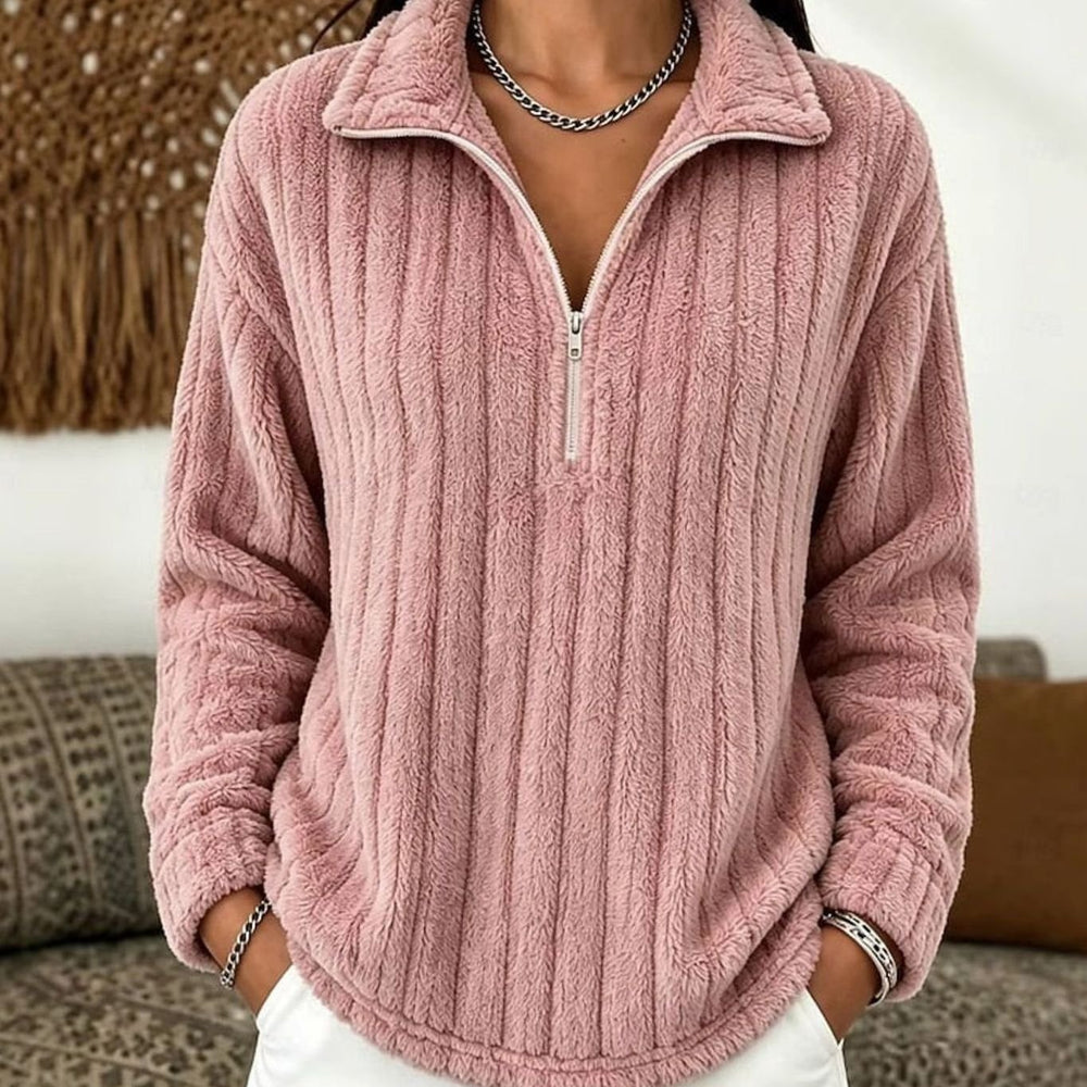Women's Fleece Quarter-Zip Pullover Sweater Ribbed Plush Top - Pink