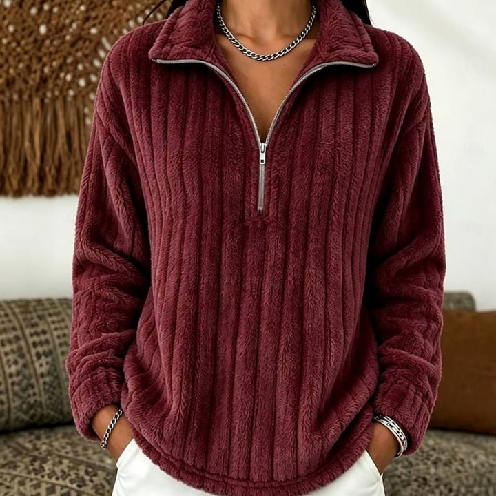 Women's Fleece Quarter-Zip Pullover Sweater Ribbed Plush Top - Red