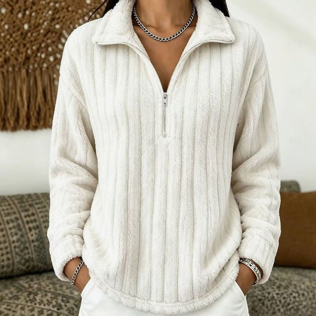 Women's Fleece Quarter-Zip Pullover Sweater Ribbed Plush Top - White