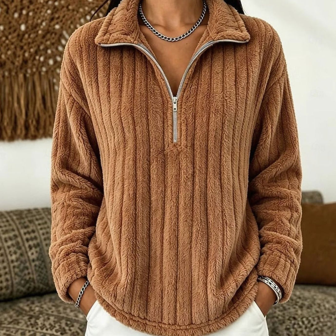 Women's Fleece Quarter-Zip Pullover Sweater Ribbed Plush Top - Light Brown