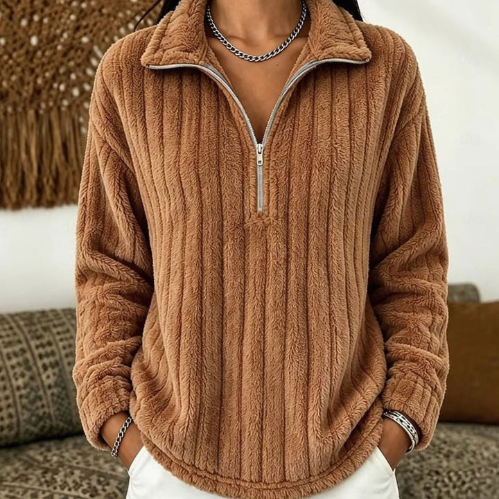 Women's Fleece Quarter-Zip Pullover Sweater Ribbed Plush Top - Light Brown