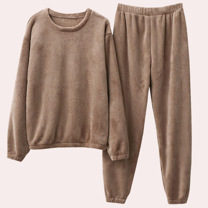 Women's Fleece Relaxed-Fit Crewneck Two-Piece Lounge Outfit - Brown