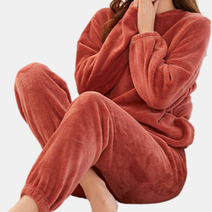 Women's Fleece Relaxed-Fit Crewneck Two-Piece Lounge Outfit - Red
