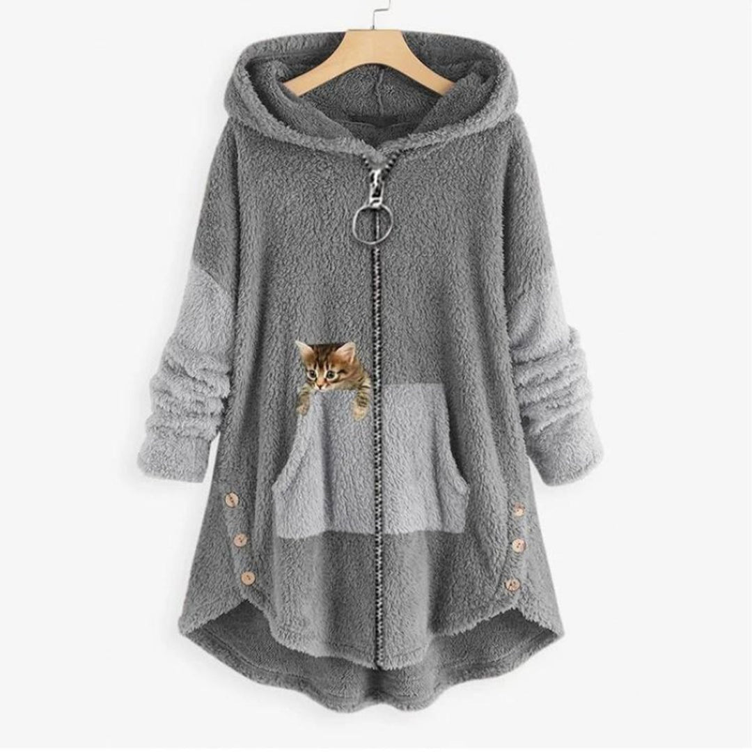 Women's Fleece Zip-Up Hooded Cat Pocket Sweater - Gray