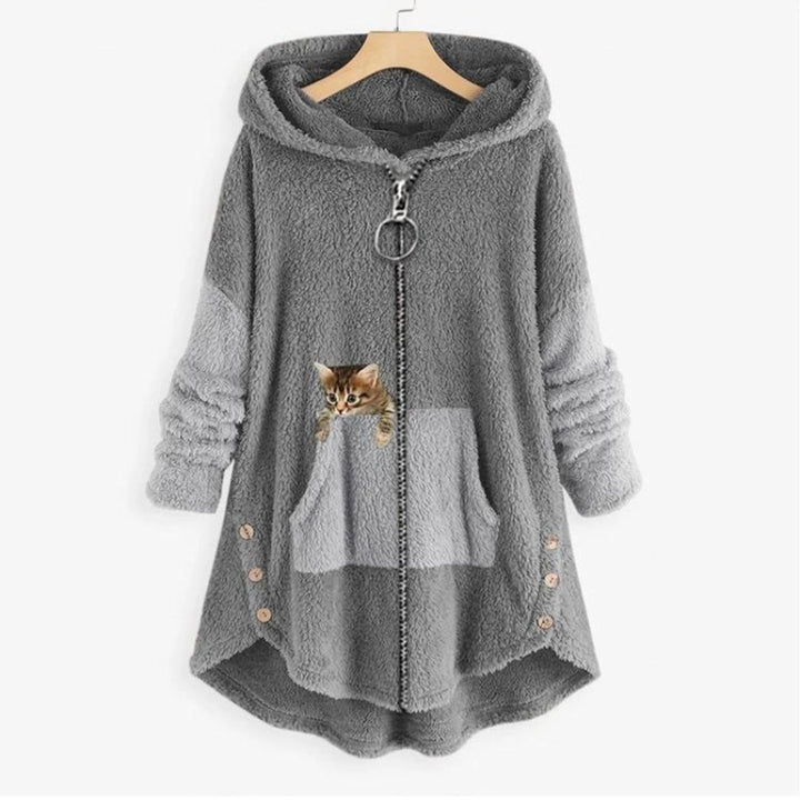 Women's Fleece Zip-Up Hooded Cat Pocket Sweater - Gray
