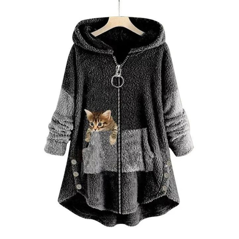 Women's Fleece Zip-Up Hooded Cat Pocket Sweater - Dark Gray