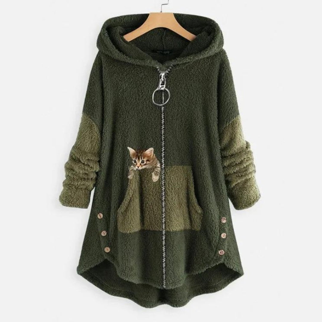 Women's Fleece Zip-Up Hooded Cat Pocket Sweater - Green