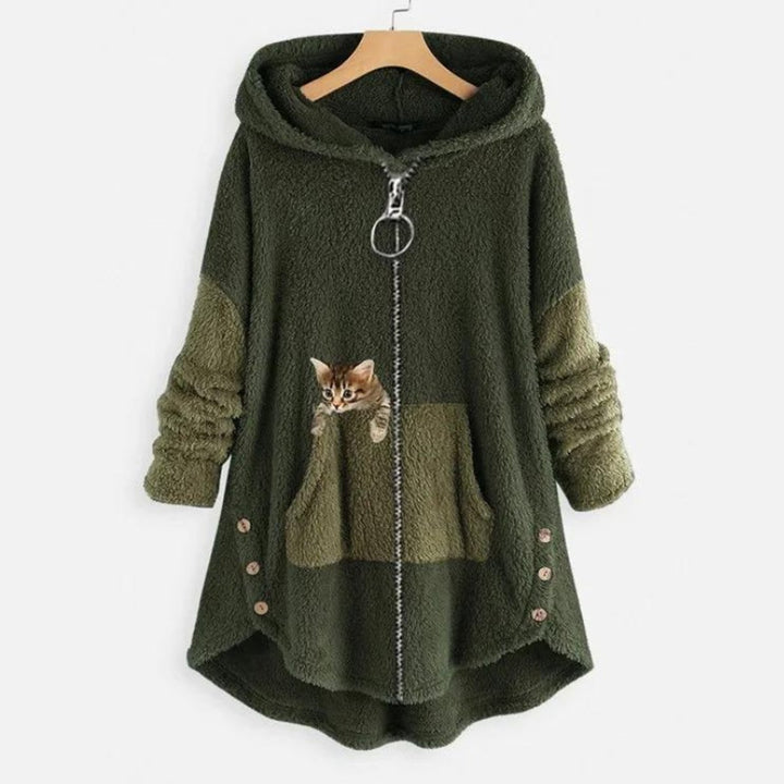 Women's Fleece Zip-Up Hooded Cat Pocket Sweater - Green