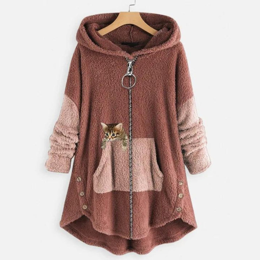 Women's Fleece Zip-Up Hooded Cat Pocket Sweater - Pink