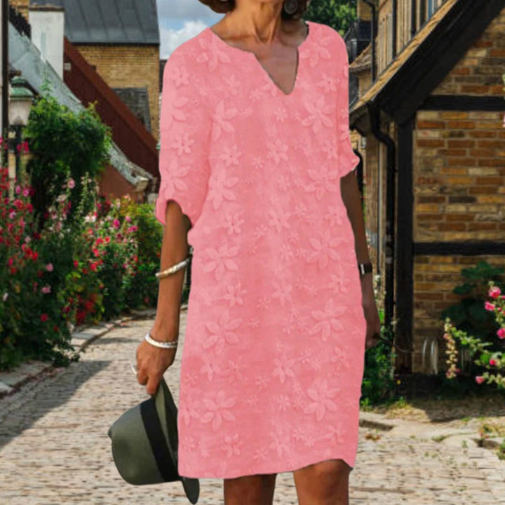 Women's Floral Appliqué V-Neck Short-Sleeve Midi Dress - Pink