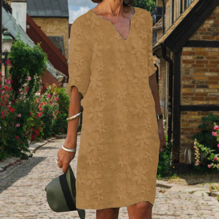 Women's Floral Appliqué V-Neck Short-Sleeve Midi Dress - Khaki