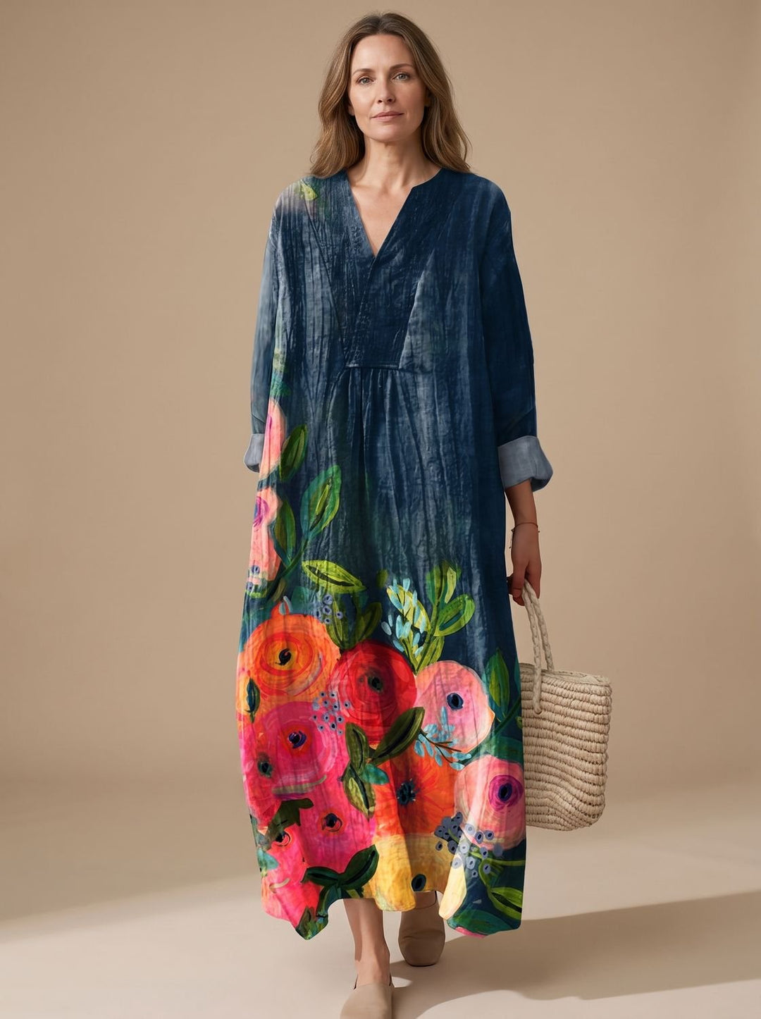 Women's Floral Art Print Long-Sleeve Oversized Dress - Multicolor