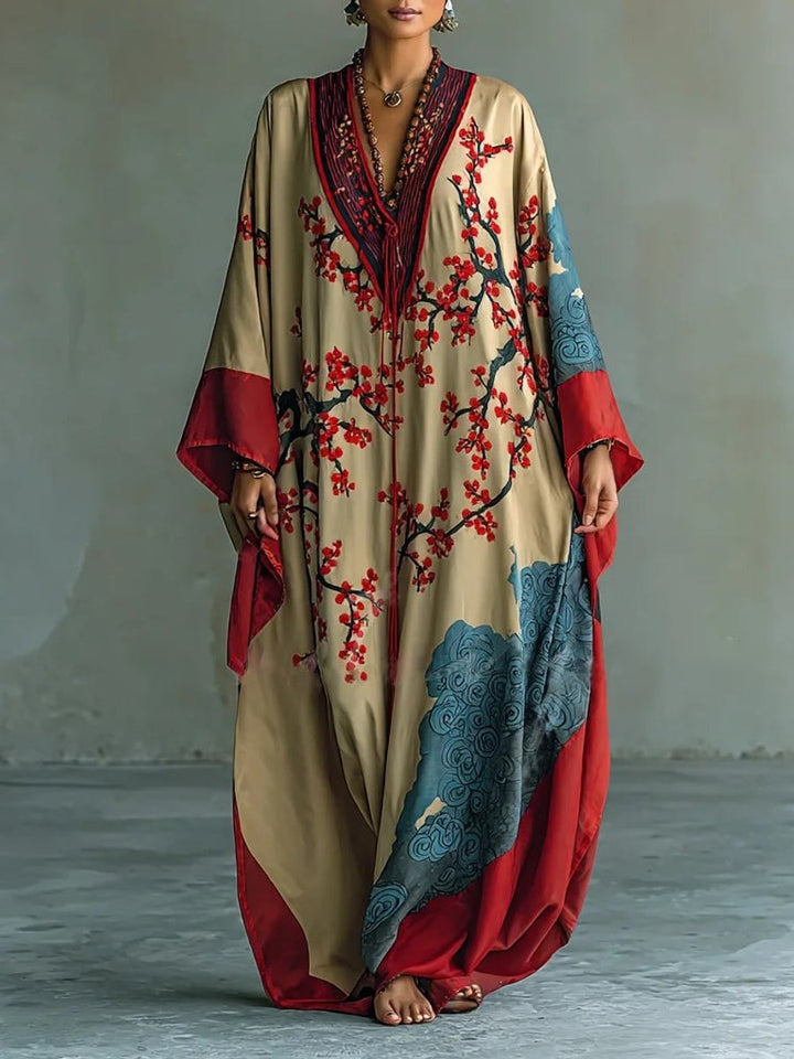 Women's Floral Batwing Maxi Long Sleeve Dress Japanese Plum Print - Red