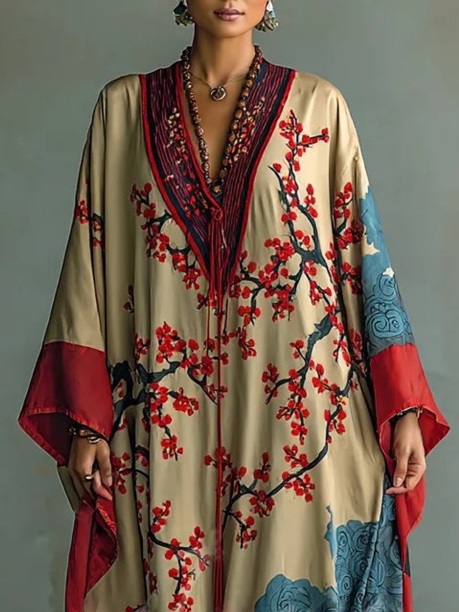 Women's Floral Batwing Maxi Long Sleeve Dress Japanese Plum Print
