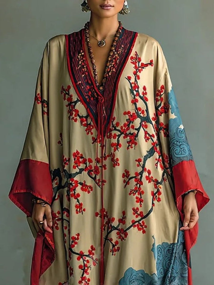 Women's Floral Batwing Maxi Long Sleeve Dress Japanese Plum Print